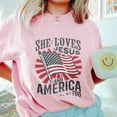 thumbnail image 3 of She Loves Jesus and America Too T-Shirt – Christian Patriotic USA Flag Burst Tee for Women, Faith and Freedom Shirt, 4th of July Religious Graphic Top, 3 of 7