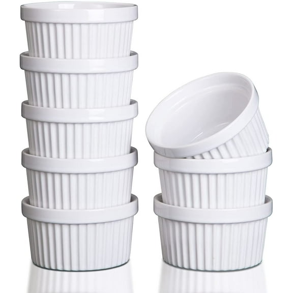 Fashionwu 8 oz Ramekin bowls, Set of 8, Porcelain Ramekins for Creme Brulee Dishes Oven Safe, Classic Style Custard Cups for Baking, Souffle Ramekins Dish Bowls, Dipping Sauce Bowls White