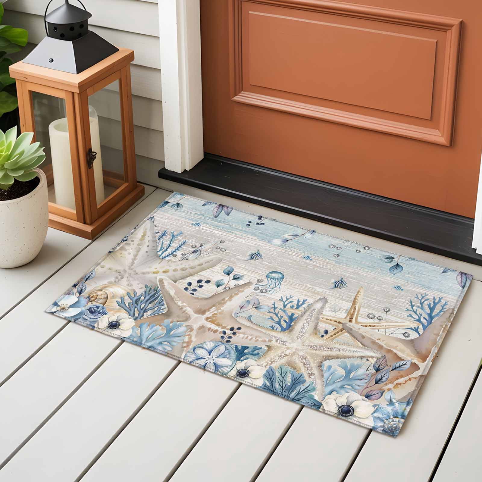 2x3 Ft Entryway Area Rug, Blue Beige Coastal Kitchen Rug Runner Washable Floor Mat, Beach Starfish Summer Eucalyptus Vintage Non Slip Indoor Door Mat Throw Carpet for Bathroom Living Room Bedroom