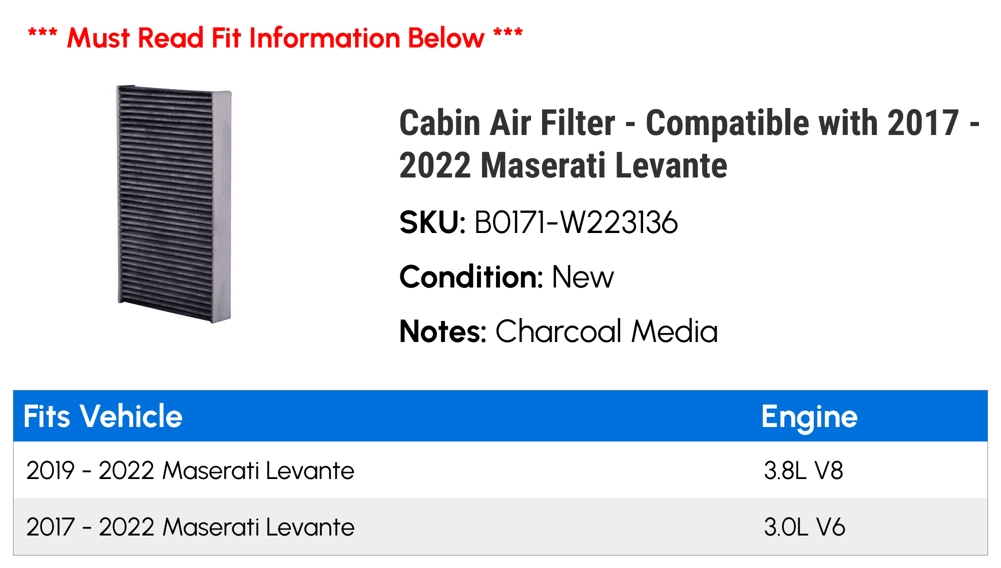 Cabin Air Filter - Compatible with 2017 - 2022 Maserati Levante 2018 2019 2020 2021