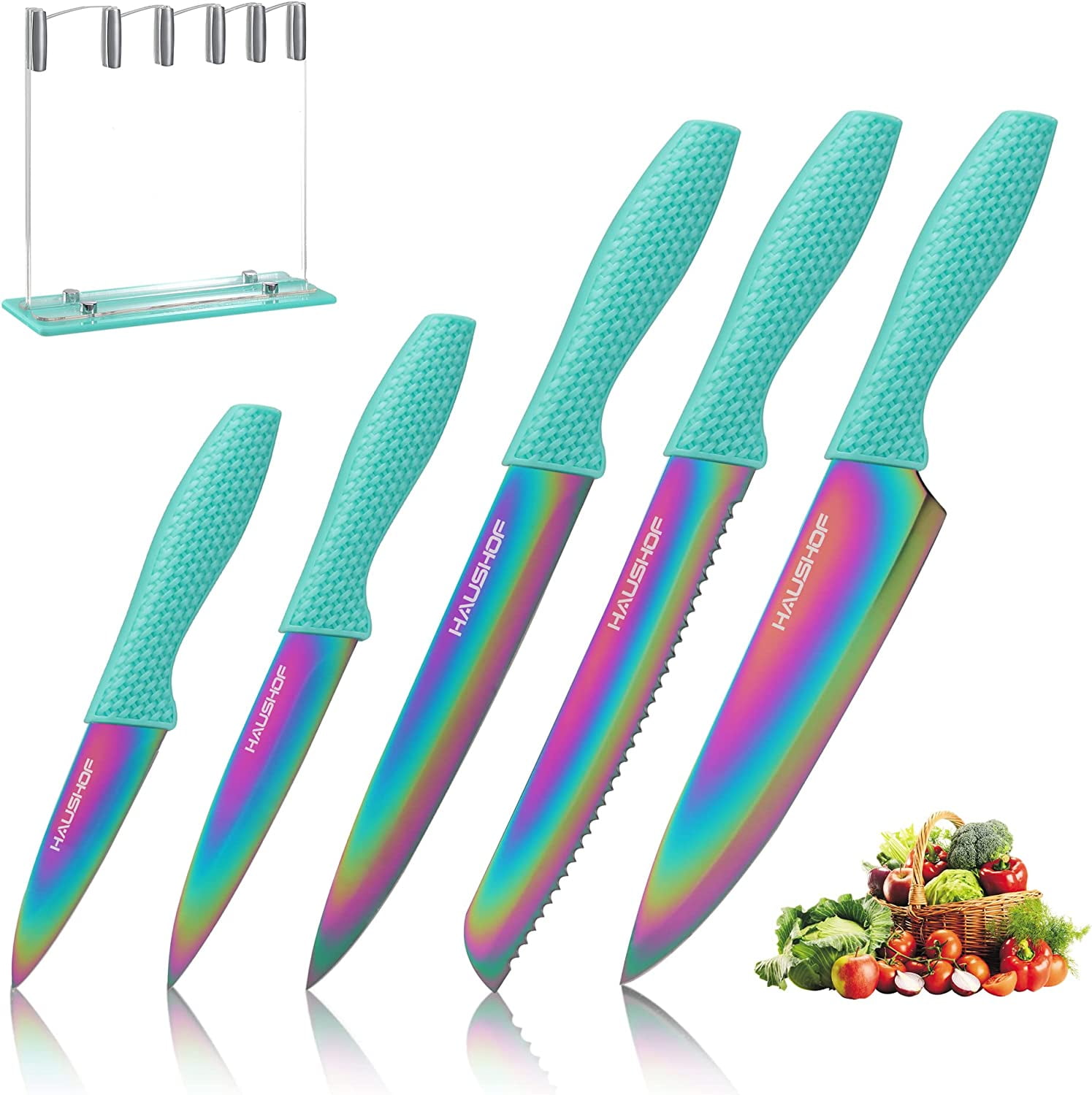 Rainbow Kitchen Knife Set Non Stick Knives Set with Block Thick Blade  Cutlery Knife Block Sets Chef Sharp Quality for Home & Pro Use Best Gift  (Orange