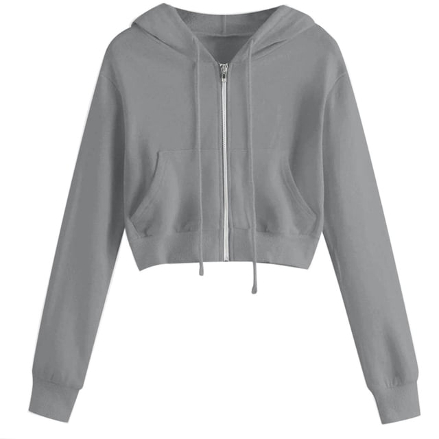 IROINID Reduced Womens Long Sleeve Zip Up Crop Tops Lounge Solid Zipper Pocket Shirt Hooded Sweatshirt Tops,Gray