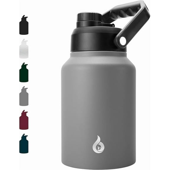 BJPKPK 64 oz Insulated Water Bottle, Dishwasher Safe Half Gallon Water Bottle with Ergonomic Handle, BPA Free Leak Proof Water Jug for Sports, Metal Water Bottle with Anti-slip Bottom, Grey