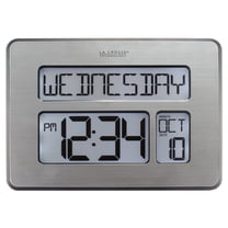 Silver Led Digital Clock La Crosse Technology Backlight Atomic Full Calendar Clock with Extra ...