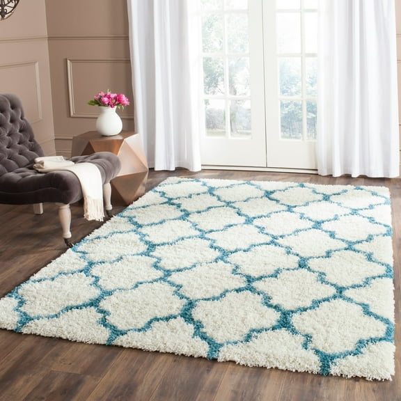 SAFAVIEH Yadira Geometric Quatrefoil Kids Shag Area Rug, Ivory/Blue, 6'7" x 6'7" Square