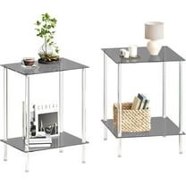 Tempered Glass Side Tables Set of 2 Acrylic End Table with 2 Storage Shelve transparent Bedside simplicity clear 2-Tier Nightstands for small Spaces Office Bedroom Living Room Study black