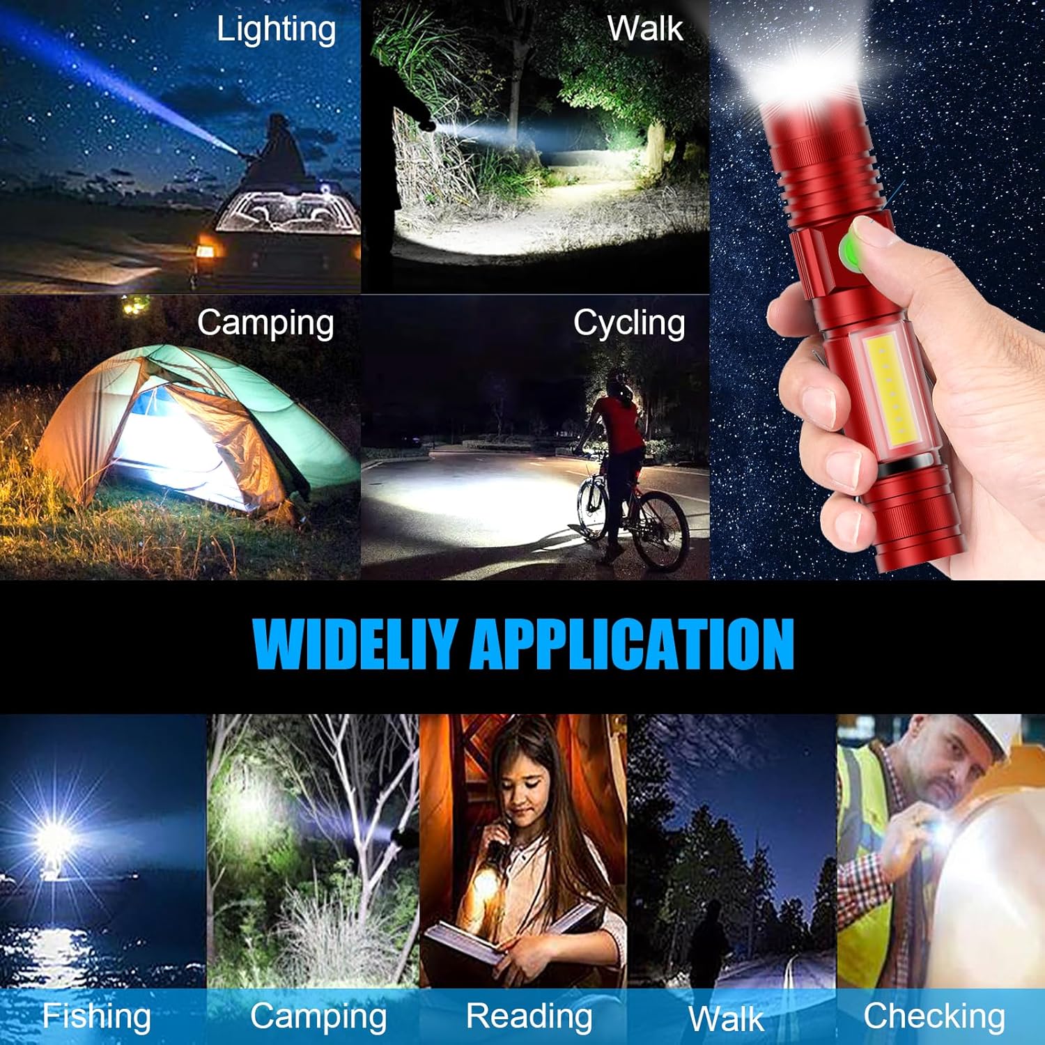 Banral Magnetic LED Flashlight,USB Rechargeable Powerful Flashlight with Cob Sidelight for Camping, Emergency -Red
