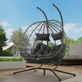 thumbnail image 2 of 2 Person Indoor Outdoor Rattan Egg Hanging Chair Patio Wicker Swing Chair with Stand, 2 of 19