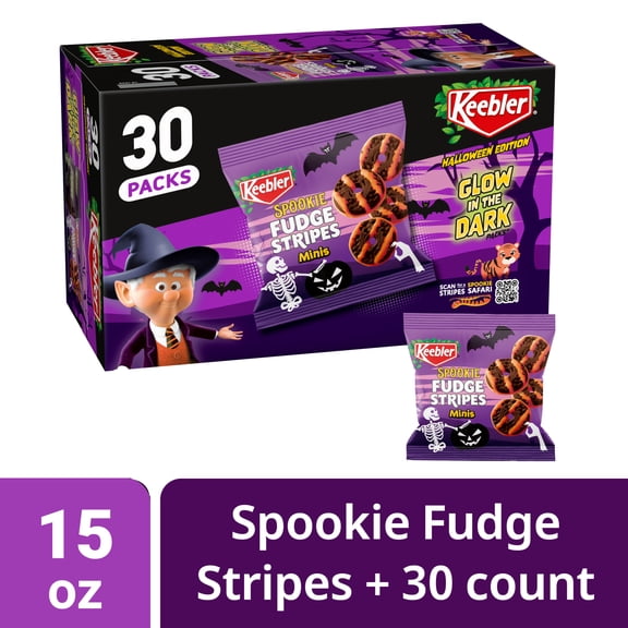 Keebler Spookie Fudge Stripes Minis, Halloween Candy, Chocolatey Cookies, 30 Glow-in-the-Dark Packs, 15 oz