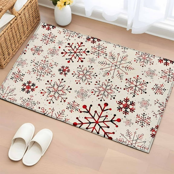 Red Snowflake Christmas Bathroom Rug Washable 2x3 Entryway Rug Non Slip Xmas Snowflake Rustic Front Door Mat Low Pile Indoor Doormat Throw Floor Carpet for Kitchen Bedroom Entrance