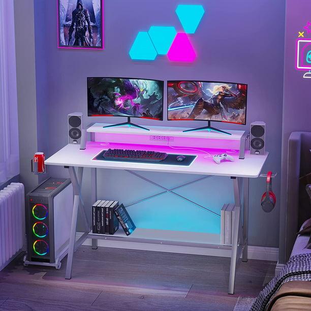 White Gaming Desk with Led Lights & Charging Stations,55 inch Home Office Desk Table with Monitor Stand & Hook - Walmart.com
