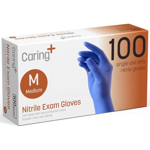 Guantes de examen de nitrilo Caring talla mediana, 100 unidades, sin polvo