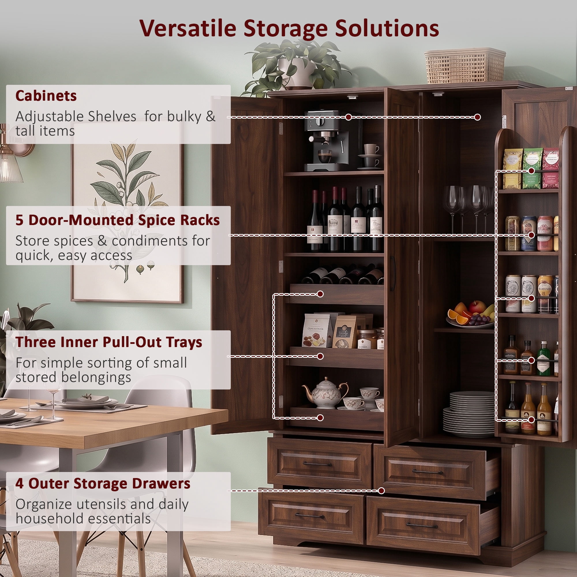 GARITIN 72 Inch Kitchen Pantry Cabinet with 3 Pull Out Trays, Farmhouse Embossed Wood Grain Storage Cabinet with 5 Door Racks, Freestanding Cupboard for Kitchen Dining Room, Walnut Brown
