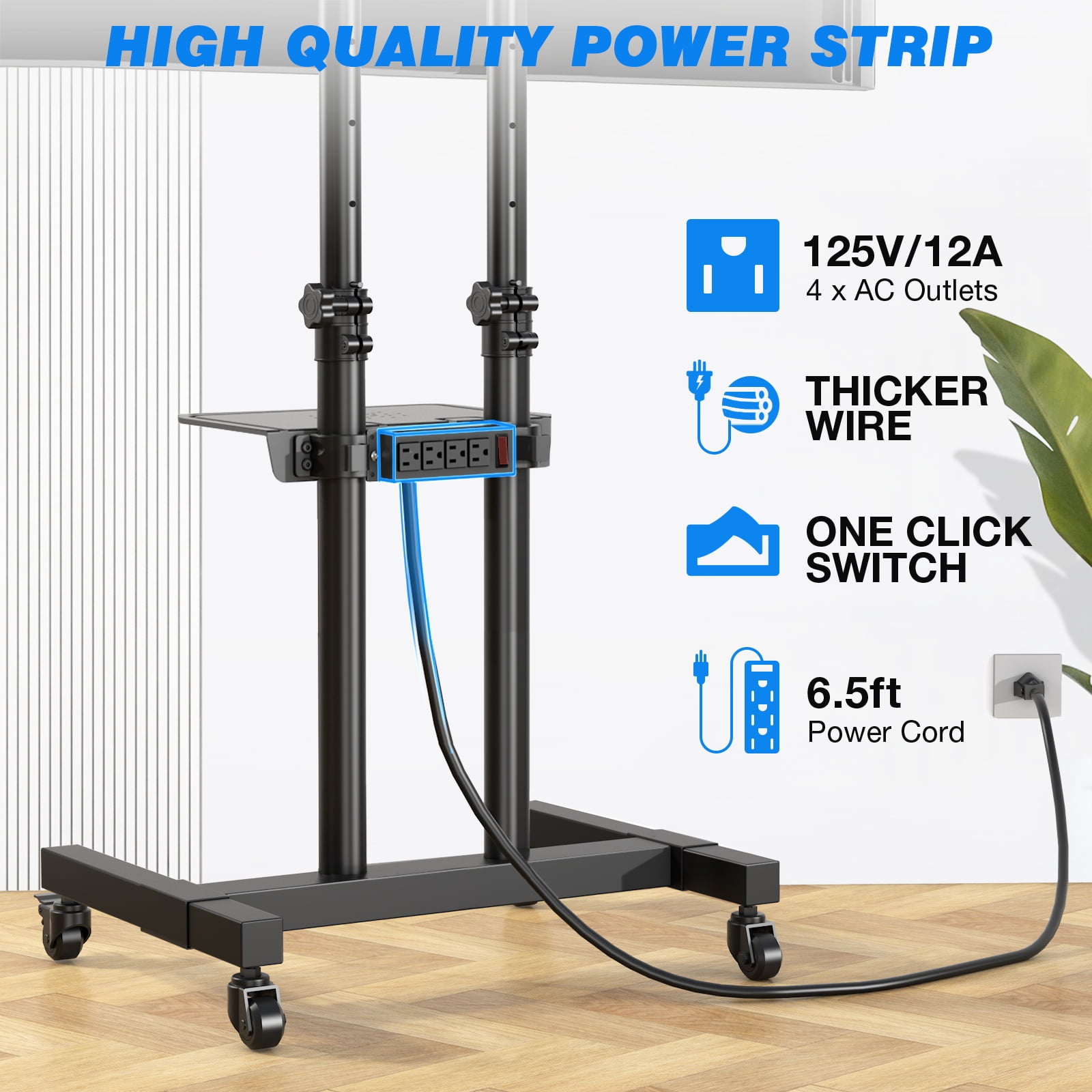 RTVR Upgraded Mobile TV Stand with Power Outlet for 32-85 inch Screens, Portable Adjustable Rolling TV Cart Stand with AV Shelf for Bedroom Home
