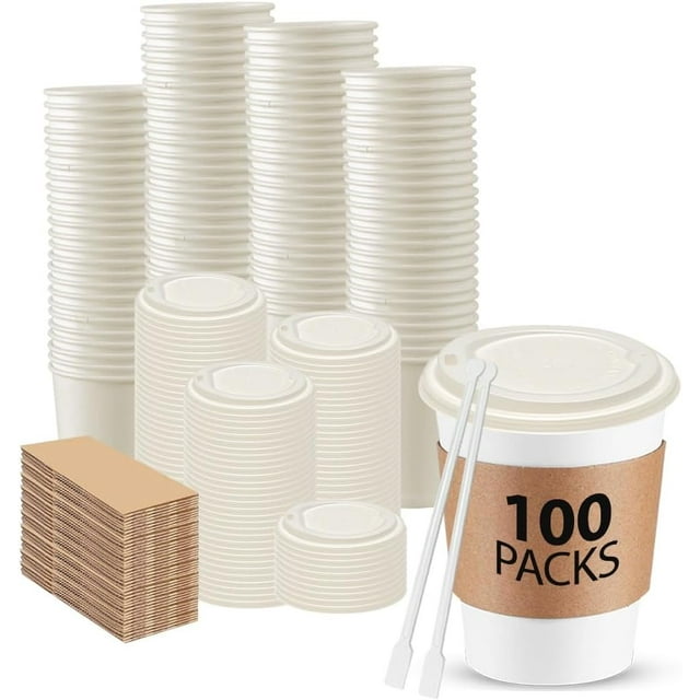 missunny-100-Value-Pack 12oz Compostable Coffee Cups with Lids, Sleeves & Stirrers – Eco-Friendly Disposable Cups for Coffee, Tea, Cocoa – Great for Travel, Parties & Events
