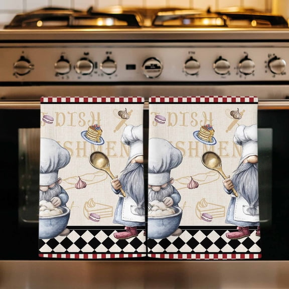 Vintage Gnomes Kitchen Towels Set of 3, Black Red Checkered Retro Art Absorbent Dish Towels for Kitchen, Microfiber Hand Towel, Quick Drying Tea Towel for Cleaning Decorative Dishcloths