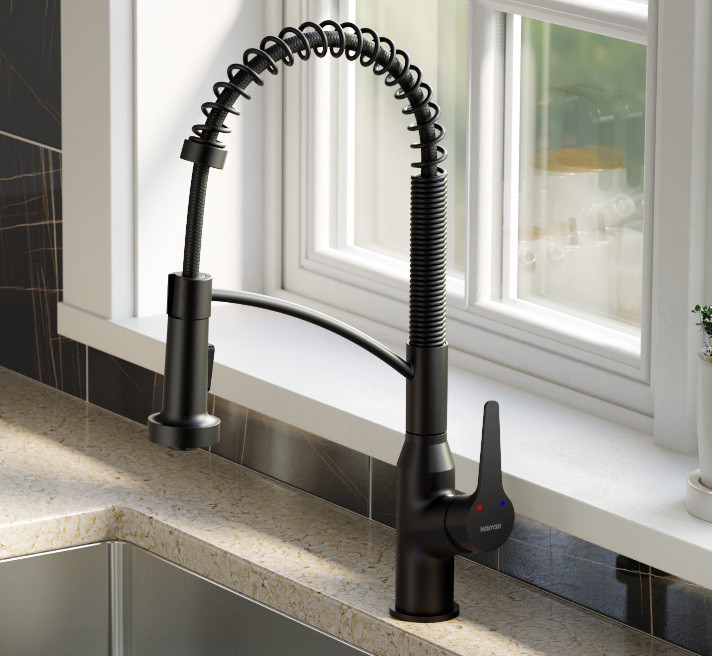 Karran Scottsdale Single-Handle Pull-Down Sprayer Kitchen Faucet with Matching Soap Dispenser in Matte Black