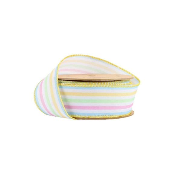 LaRibbons Wired Ribbon | White w/ Pastel Stripe | 10 Yard Roll