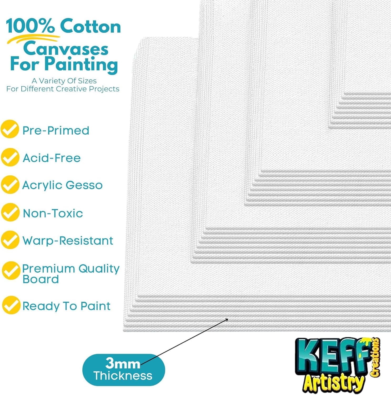 KEFF Canvas Boards for Painting - 32 Pack - Art Supplies Paint Canvas 5x7, 8x10, 9x12, 11x14 Canvas Panels, 100% Cotton Pre-Primed Canvas for Acrylic, Oil, Watercolor, Tempera