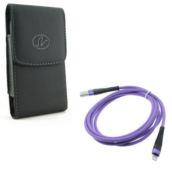 Case Belt Clip w 6ft USB Cable for iPhone 8/7/6S/6/11 Pro - Leather Holster Cover Pouch Vertical, Purple Charger Cord Power Wire Braided for iPhone 8/7/6S/6/11 Pro Models