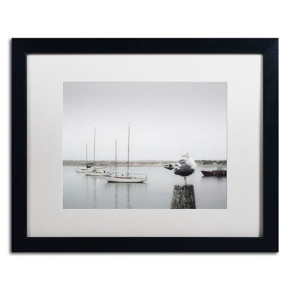 Trademark Fine Art "Four Boats and Seagull" Canvas Art by Moises Levy White Matte, Black Frame