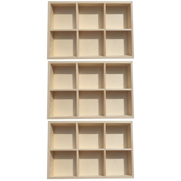 3-Pack Six Compartment Wooden Storage Box with Clear Grid Lid - Pigment Organizer Container for Art Supplies