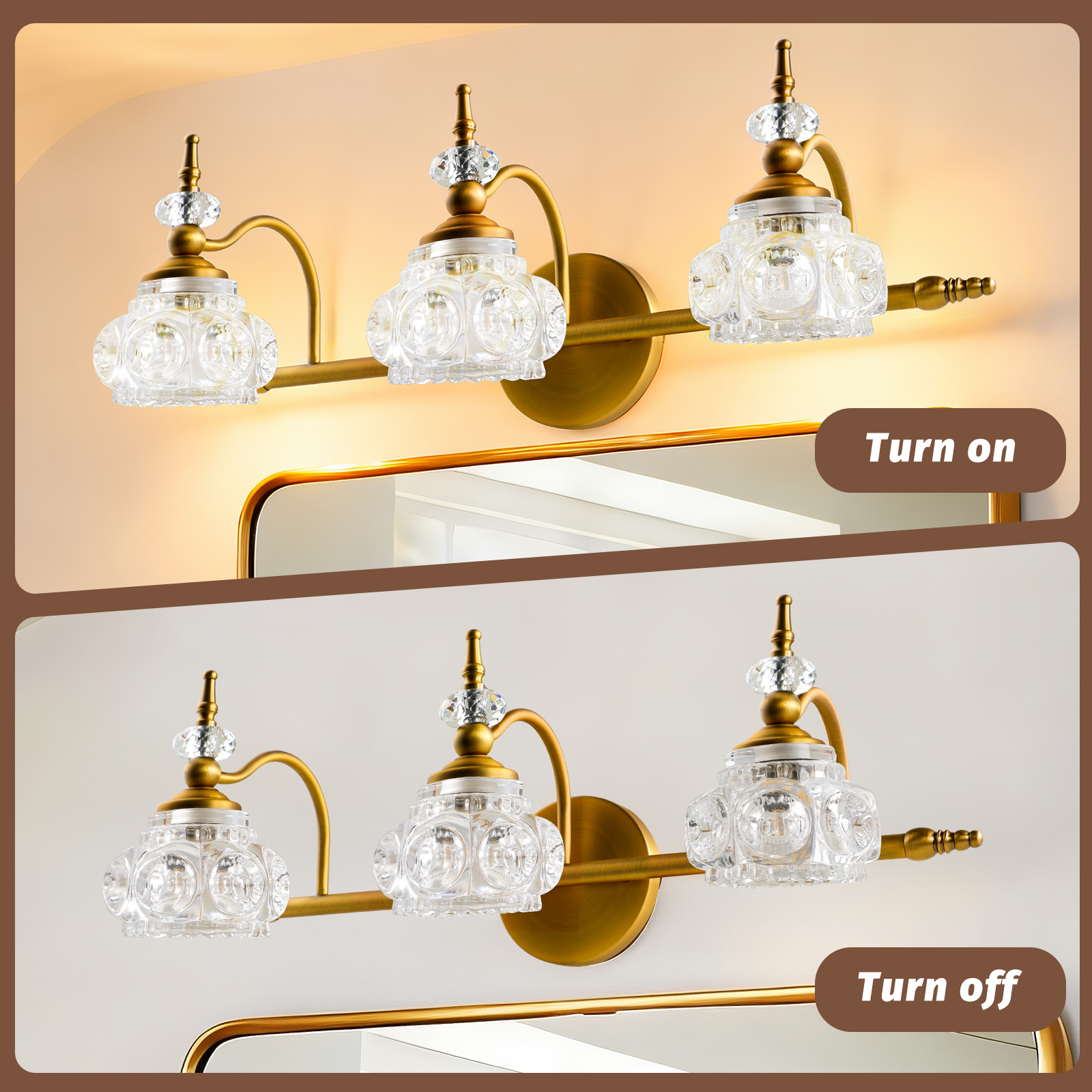 ROSYNEY 3-Light Vanity Light with Thick Crystal Glass Shade, Vintage Vanity Light, Vintage Bathroom Light Fixtures(Bronze), G9 Base