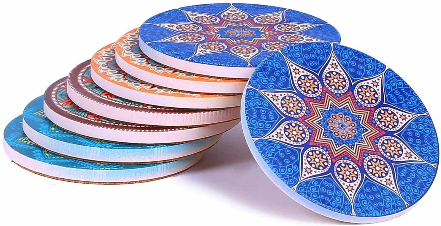 and Gold pattern Sky blue Cyan Resin coated coasters Hand painted Ceramic Coaster Set