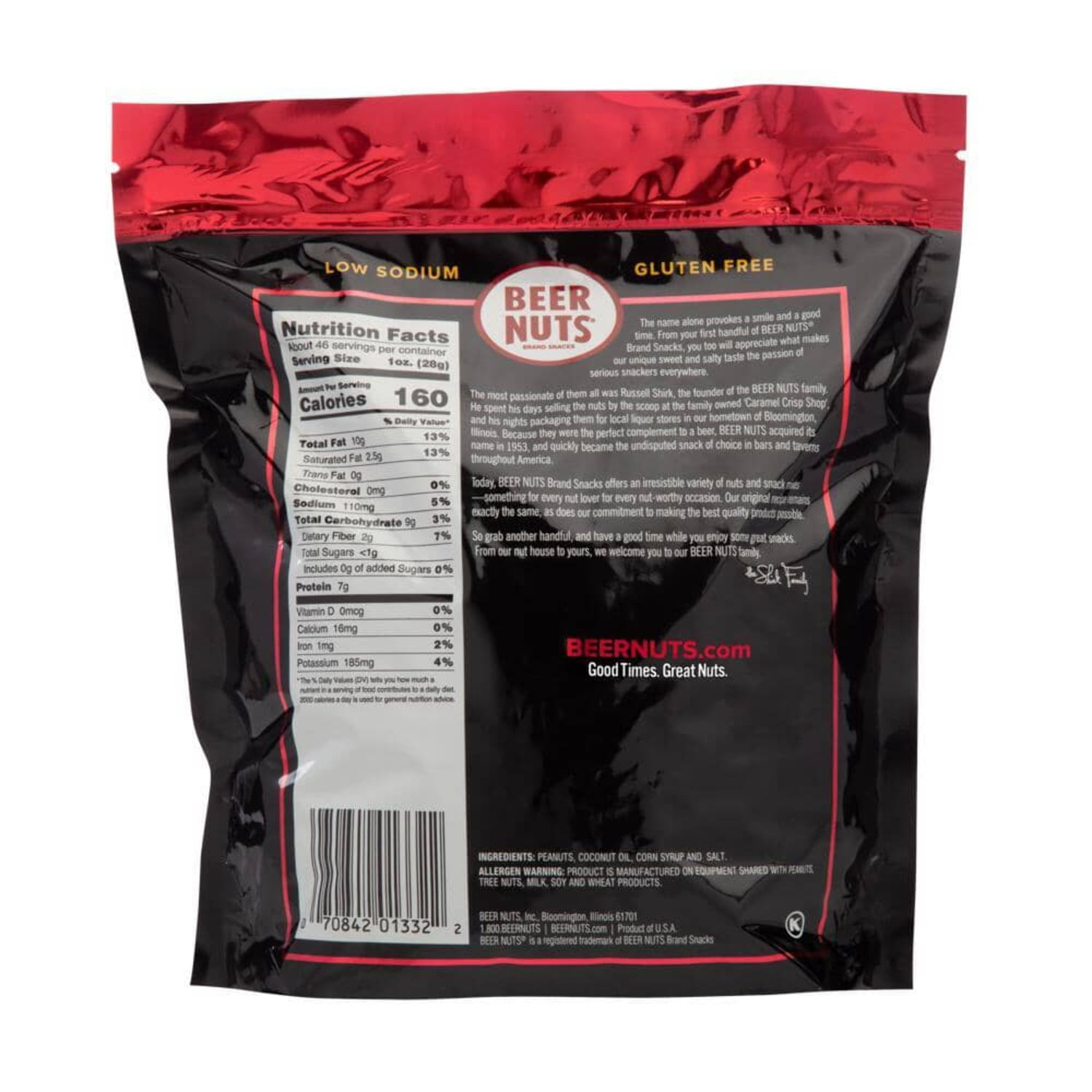 BEER NUTS Original Peanuts - 4oz Single Serve Bags (Pack of 6), Sweet and Salty, Gluten-Free, Kosher, Low Sodium Peanut