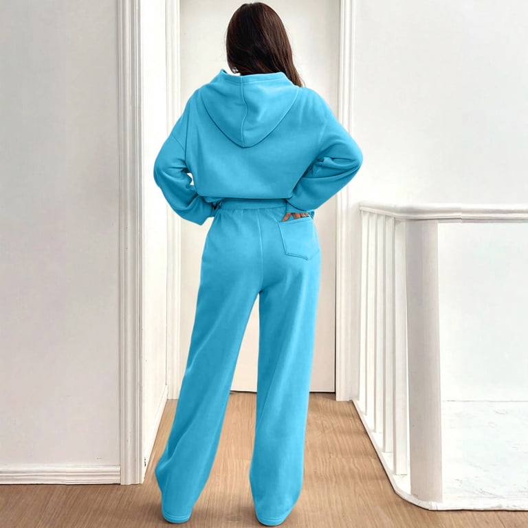 REORIA Trainingspak voor dames, lange mouwen, ronde hals, effen, tweedelig outfit, hoodie, jogger, trainingspak, sweatshirt en joggingbroek, grijs/blauw, L
