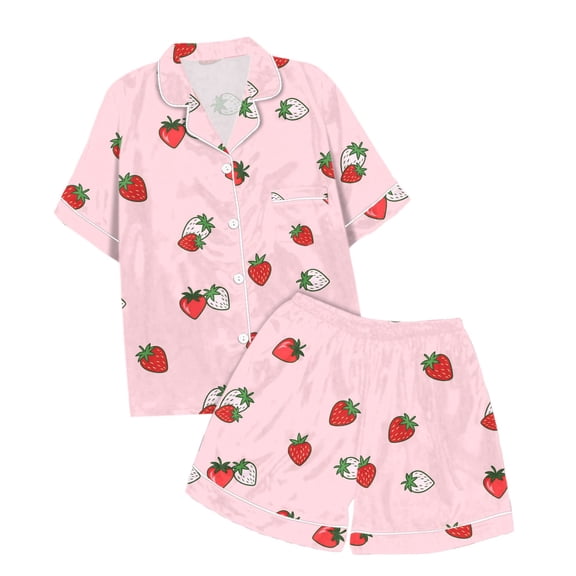 Hpapadks Girls Outfits Summer Casual Short Sleeve Strawberry Print Button Down Shirt Shorts 2 Piece Pajama Set Girls' Clothing Sets