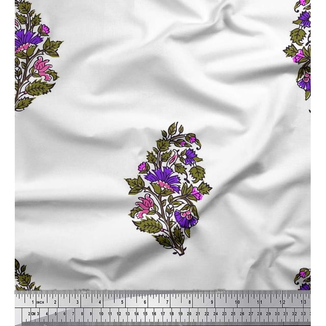 Soimoi Moss Georgette Fabric Leaves & Floral Block Fabric Prints by Yard 42 Inch Wide