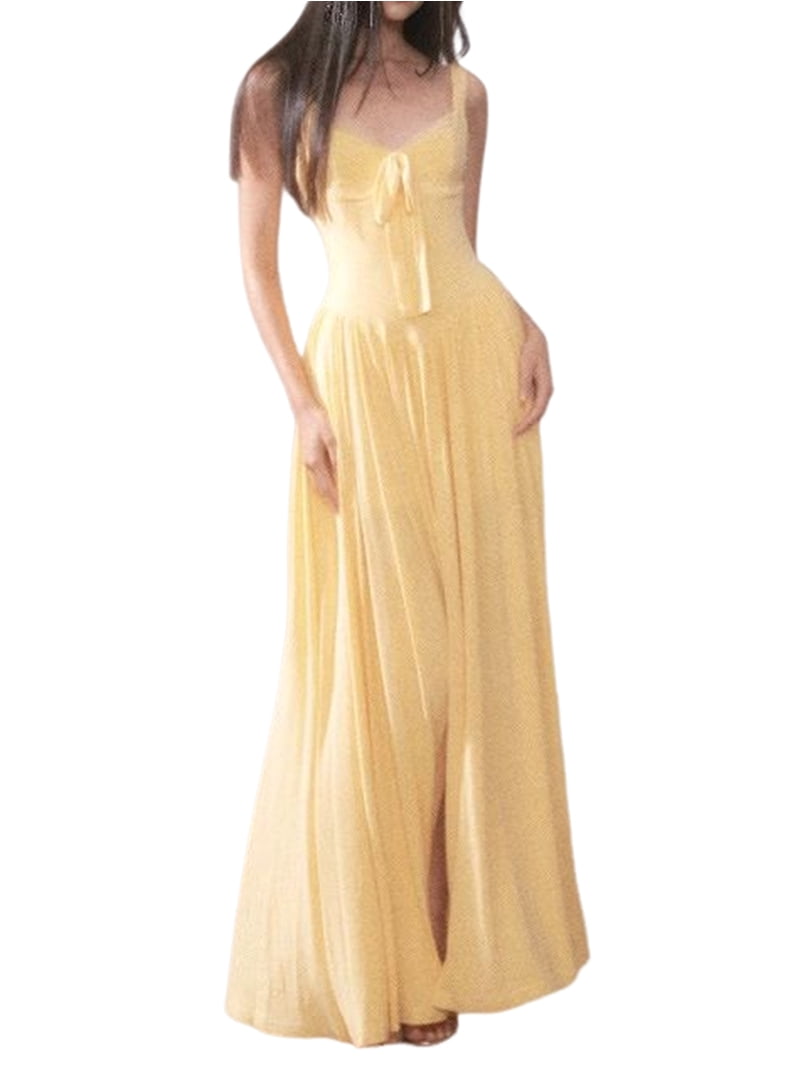 Jaimenalin Women's Summer Corset Midi Dress Casual V Neck Flowy A Line Dress Wedding Guest Dresses Yellow M, Size: Medium
