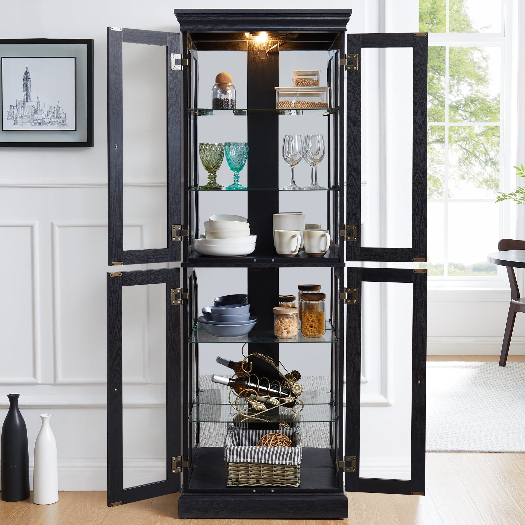 Leumius Lighted Glass Curio Display Cabinet, Wood Frame 4 Glass Doors Storage Cabinet with Included Bulb, Glass Wine Cabinet Collectibles Toy Display Case for Living Room, Kitchen, Pantry,Black