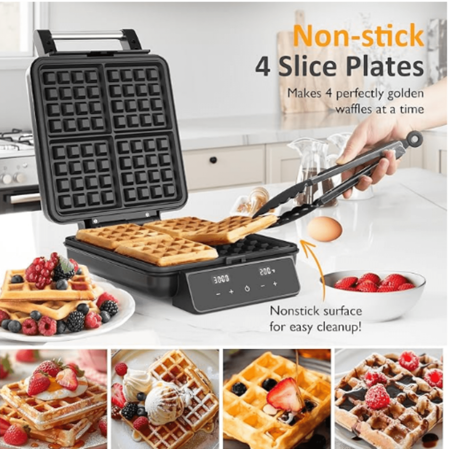 Stainless Steel Waffle Maker 4 Slices with Quick Heat-Up, Time & Temperature Control, LCD Display, Nonstick Surface, Perfect Waffle Iron for Kids and Families, Silver