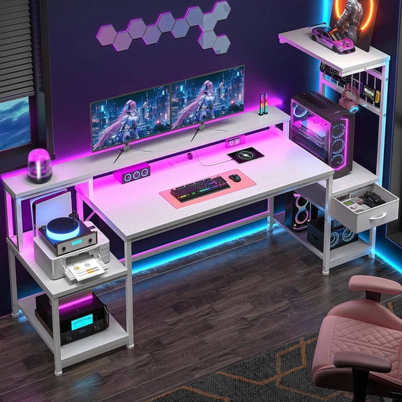 63" Computer Desk with LED Lights, Outlets, Drawers & Monitor Stand, White
