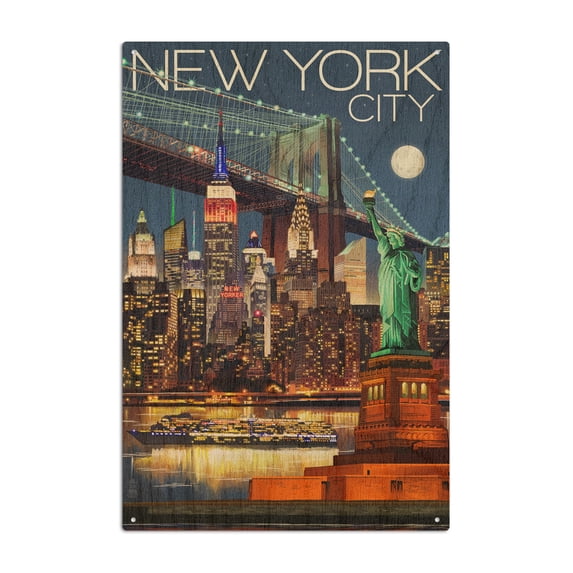 New York, Skyline at Night Birch Wood Wall Sign (6x9 Rustic Home Decor, Ready to Hang Art)