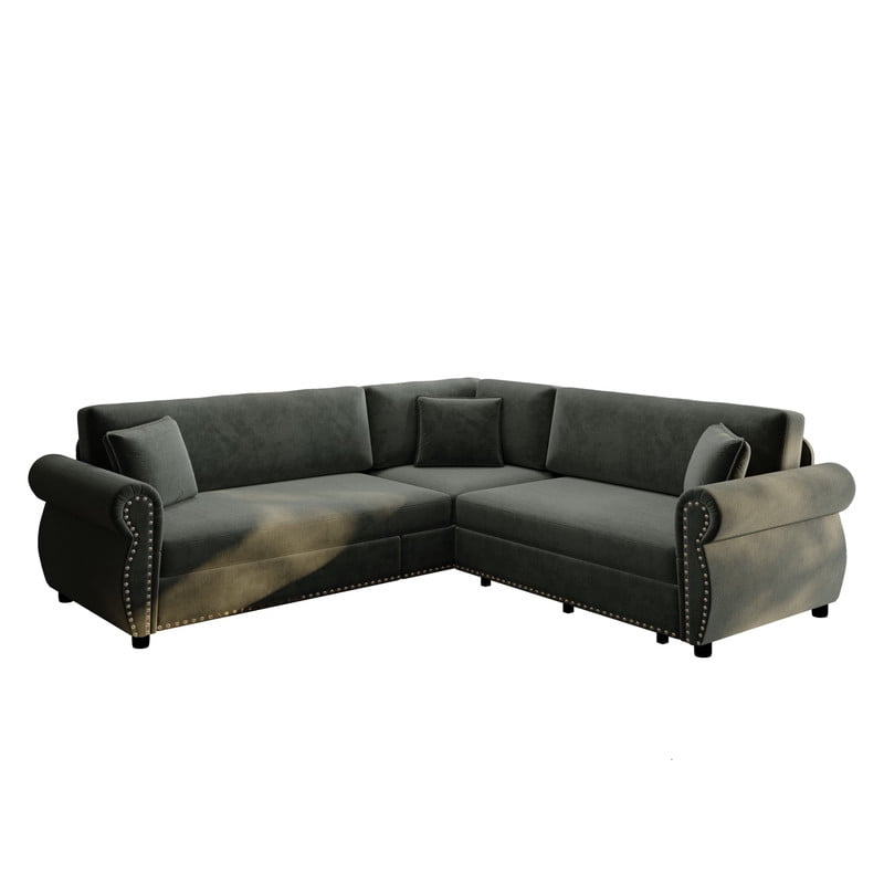 88.2" Sectional Sleeper Sofa with Pull Out Bed, Convertible Sleeper Couch with Nailhead Trim, 5-Seat Sectional Sofa Chenille Couch for Living Room Apartment