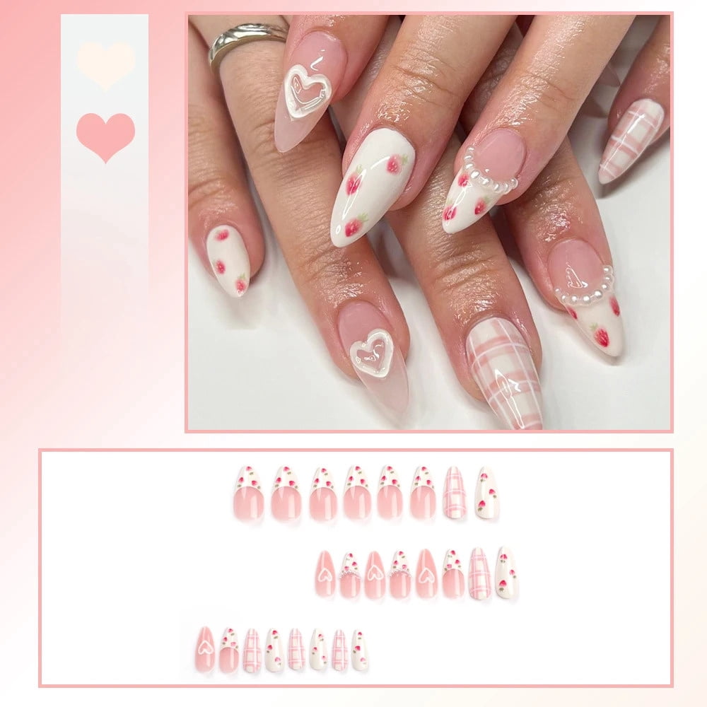 24pcs/box Fake Nails Press on Reusable with Designs Set French Artificial Aurora Diamond False Tipsy Stick-on Nails Tips Art