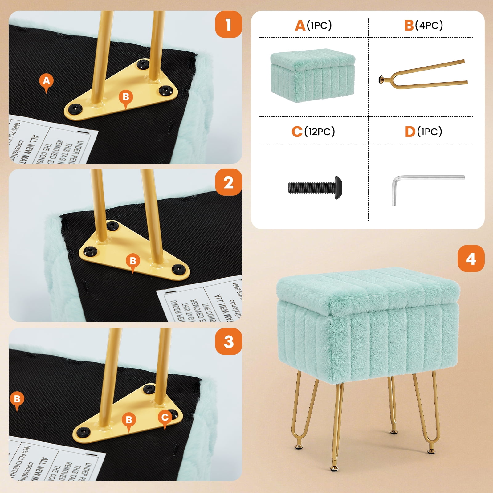 ZUNMOS Ottoman Vanity Stool Chair, with Storage Function, Modern Style Wooden Board Seat, Equipped with 4 Metal Legs and Non-Slip Feet, Suitable for Living Room and Bedroom, Mint Green