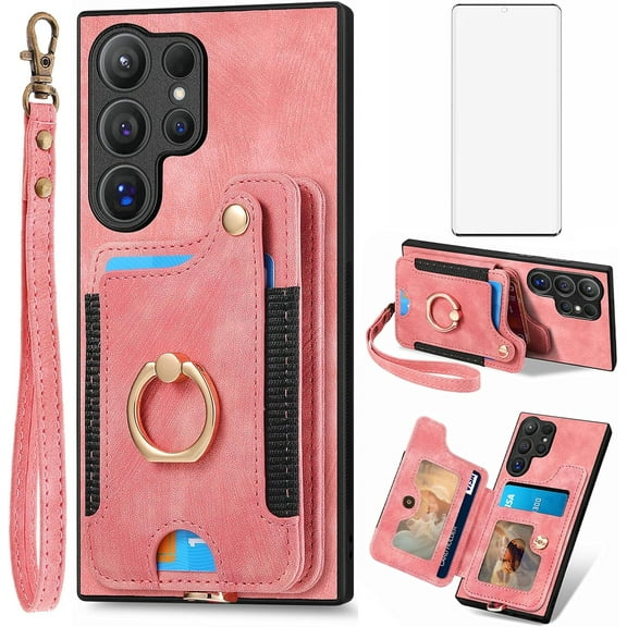 Phone Case for Samsung Galaxy S24 Ultra 5G Wallet Cover with Tempered Glass Screen Protector and Wrist Strap Lanyard RFID Credit Card Holder Ring Stand Cell S24Ultra 24S S 24 24Ultra Women Men Pink