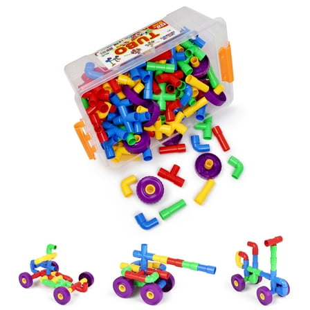 PlayBuild Tubular Spout Construction Building Blocks, Constructor Toy, Tubo Fun Educational Building Construction Toys with Wheels and Easy Storage Plastic Container.