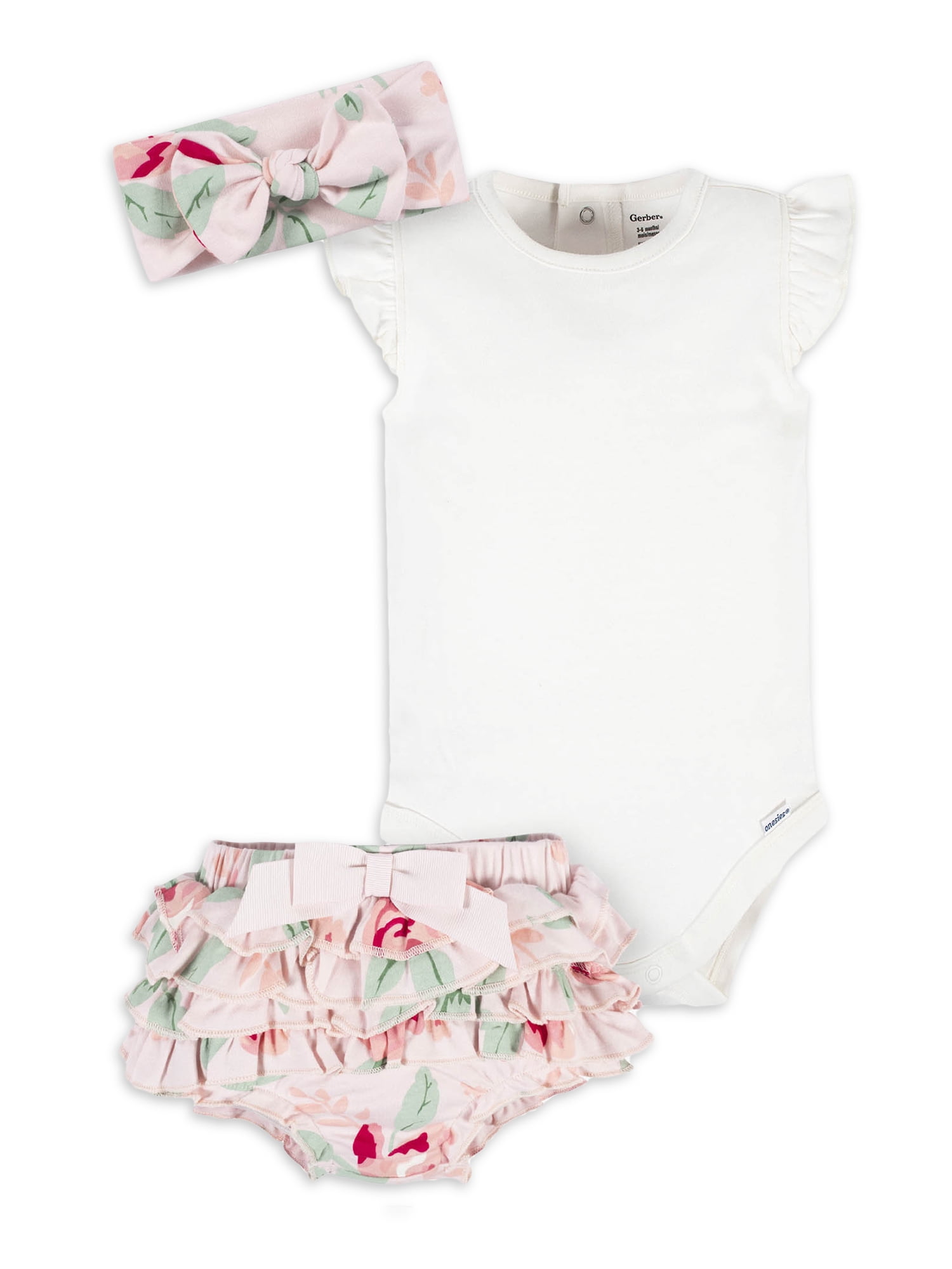 Gerber Baby Girl Onesies Bodysuit, Diaper Cover & Headband Outfit Set, 3-Piece, (0/3 Months - 12 Months)