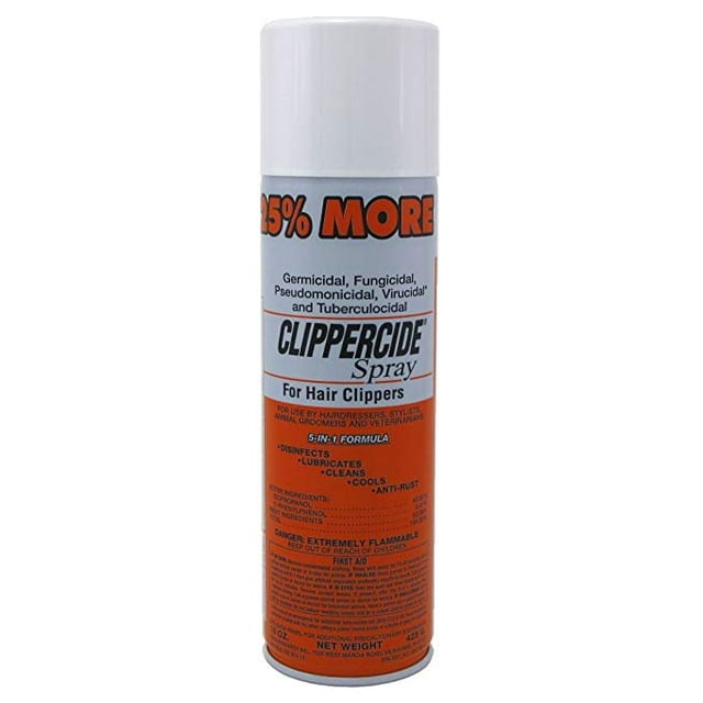 Clippercide Pressurized Spray for Hair Clippers, 16 oz can with 5-in-1 anti-rust formula. The white and orange packaging emphasizes its germicidal, fungicidal, virucidal, and tuberculocidal properties. Ideal for disinfecting, lubricating, cleaning, cooling, and preventing rust on metallic hair clippers and hair styling tools.
