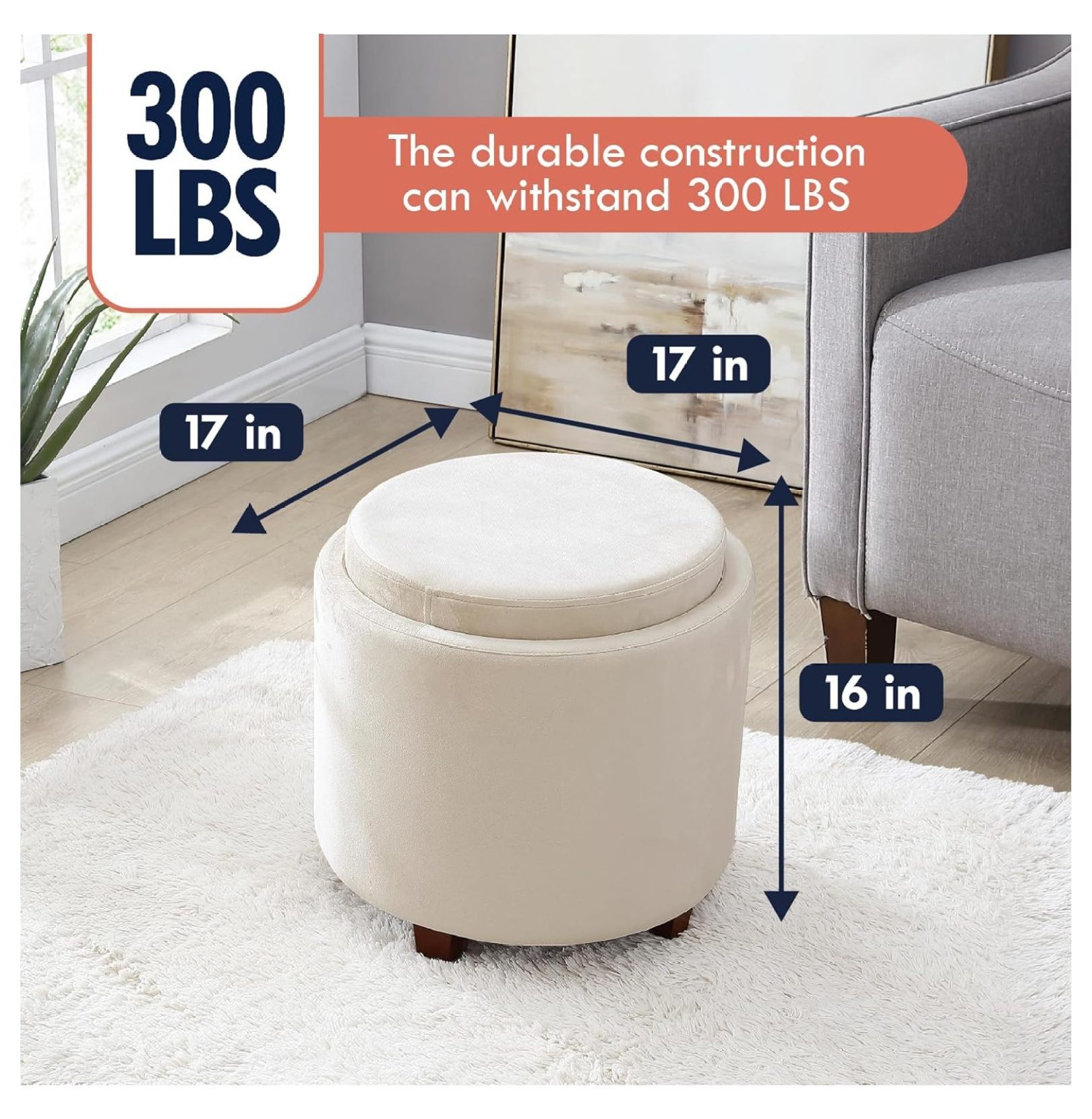BULYAXIA Lawrence Round Storage Ottoman with Lift Off Lid and Tray Lid Coffee Table, Ottoman with Storage for Living Room, Bedroom and Office, Velvet Cream - image 2 of 7