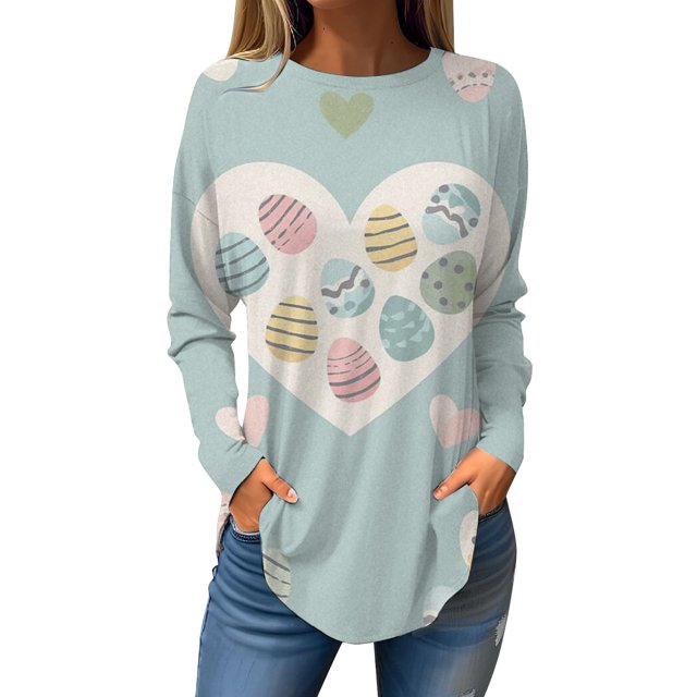 Pxiakgy Hauts de Pâques pour Femmes en Solde, Chemise à Manches Longues Imprimée Œuf de Pâques et Lapin Col Rond Décontracté Chandail en Molleton Printemps Pâques Lapin Œuf de Pâques Col Rond Ample Décontracté