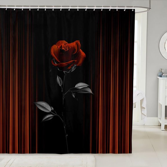 Red Rose Shower Curtain Waterproof Fabric Black Floral Bathroom Curtain with Hooks 71x71 inches