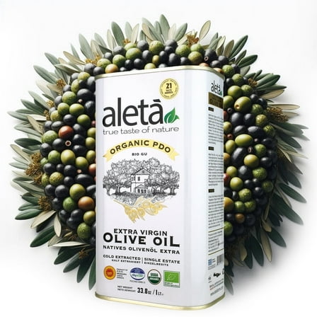 Aleta, Organic PDO Extra Virgin Olive Oil, Certified Single Estate Messara Valley Greece, Award-Winning First-Cold Press, Traceable & Kosher, 1 Lt (33.8 oz.) Tin