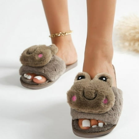 

Ladies Fashion Cute Decorative Open Toe Fluffy Flat Cotton Slippers Khaki 7