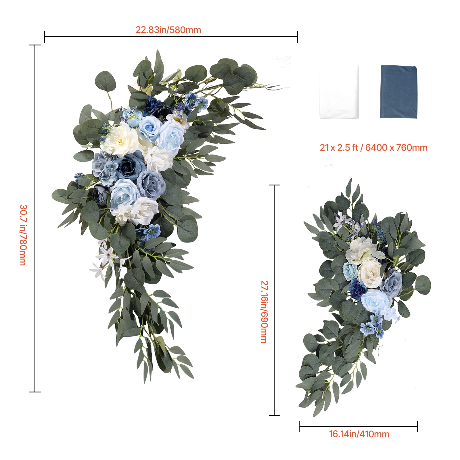 VEVOR Artificial Wedding Arch Flowers Kit, Blue Wedding Arch Flowers with Drapes Kit (Pack of 4) - 2 Pcs Floral Arrangement, 2 Pcs Sheer Drapes, for Ceremony Bouquets Reception Backdrop Decoration